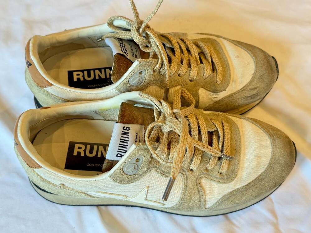 Golden Goose Running Sole Sneakers in Cream and Tan Suede/Canvas